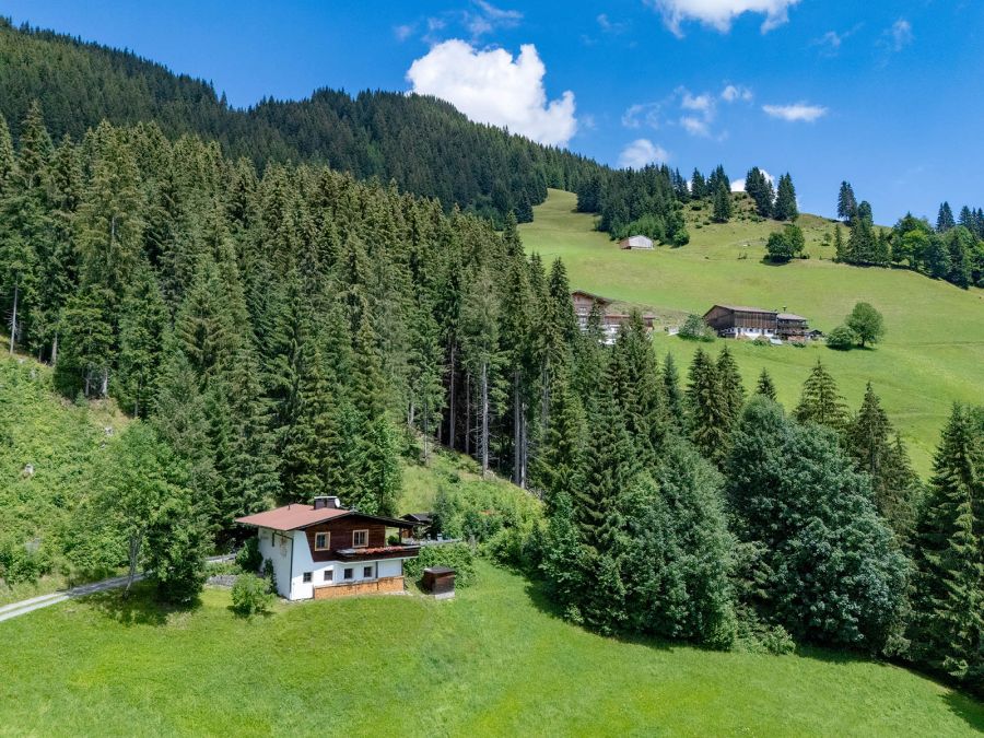 Bergchalet inmitten grüner Wiesen und dichter Bergwälder